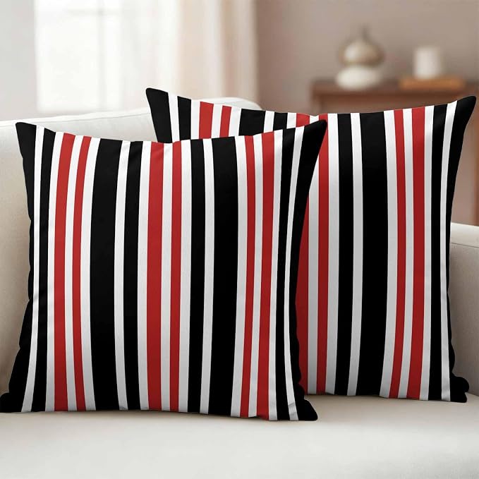 Red Black Stripe Outdoor Pillow Covers 18x18 Inch Throw Pillow Covers Set of 2 Waterproof Decorative Pillow Cases Farmhouse Minimalist Striped Cushion Covers for Patio Furniture Garden Couch Sofa