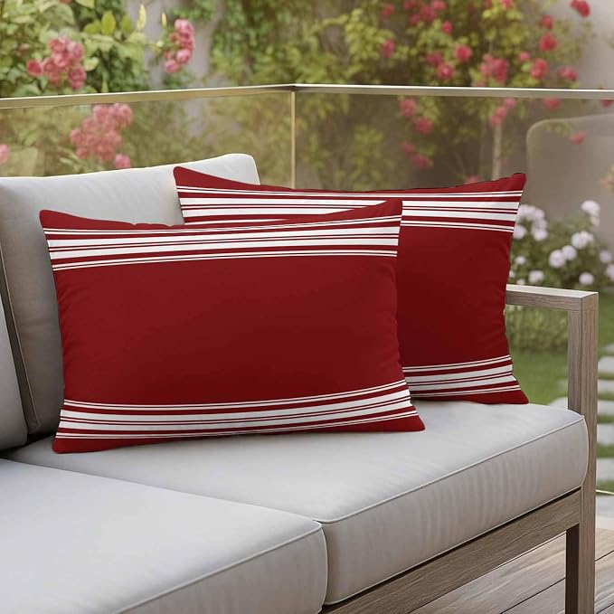 Outdoor Pillow Covers 12x20 Set of 2 Burgundy Red Stripe Outdoor Pillows Waterproof Throw Pillow Covers French Stripe Farmhouse Style Pillowcases Decorative Case for Patio Cushion
