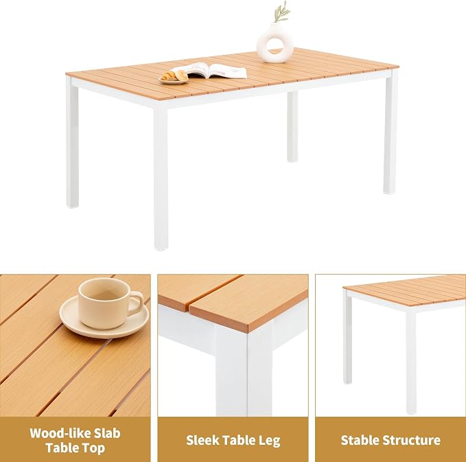Outdoor Dining Table for 4-6 People Weather-Resistant Rectangle Patio Dining Table with Aluminum Frame for Garden Backyard Porch, White
