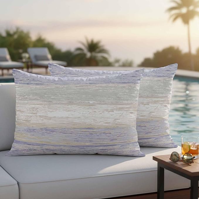 Outdoor Waterproof Throw Pillow Covers, Vintage Purple Grey Decorative Pillow Cases, Farmhouse Barn Wooden Striped Couch Pillow Protector Patio Sofa Cushion Covers Replacement 20"x12" 2 Pack