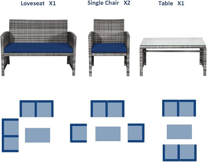 HAPPYGRILL 4-Piece Patio Conversation Set with Soft Cushions Rattan Furniture Set with PE Wicker Coffee Table & Sofa Chairs for Garden Poolside Porch Backyard