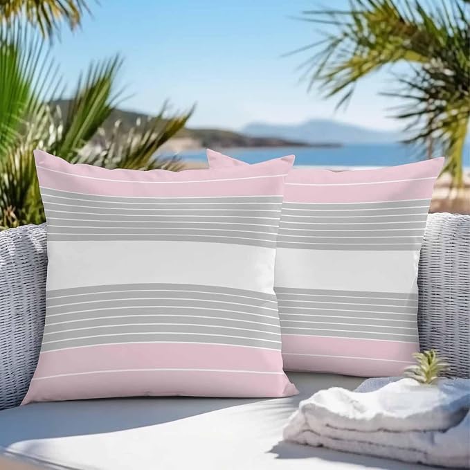 Pink Grey Stripe Outdoor Pillow Covers Waterproof, All Weather Cushion Case Set of 2, Modern Art Horizontal Striped Decorative Pillowcases for Sofa Couch Bed Decor Patio Furniture 18"x18"