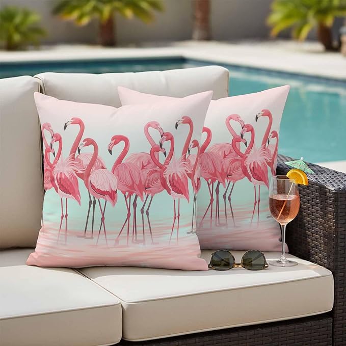 Outdoor Pillow Covers,Flamingo Bird on Gradient Background Decorative Throw Pillow Cover Waterproof Pillowcase Set of 2,Linen Cushion Case for Sofa Couch Bed 24x24 Inch,Tropical Pink Animals