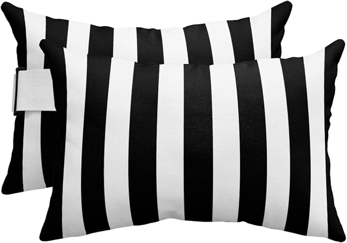 Chaise Lounge Head Resting Pillows, Simple Black and White Stripes Outdoor Waterproof Furniture with Insert and Adjustable Elastic Stripe Chaise Pillows for Recliner Beach Chair 11x16IN,2 Pcs