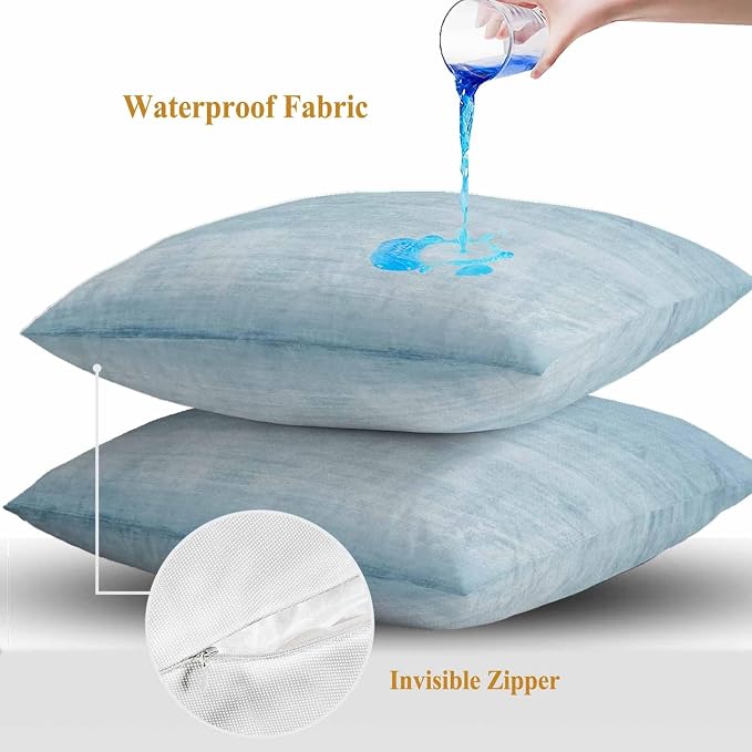 Vandarllin Outdoor Throw Pillows Covers 20x20 inch Set of 2 Waterproof Sky Blue Linen Decorative Zippered Cushion Covers for Patio Furniture, Solid Color Texture Lumbar Pillowcases