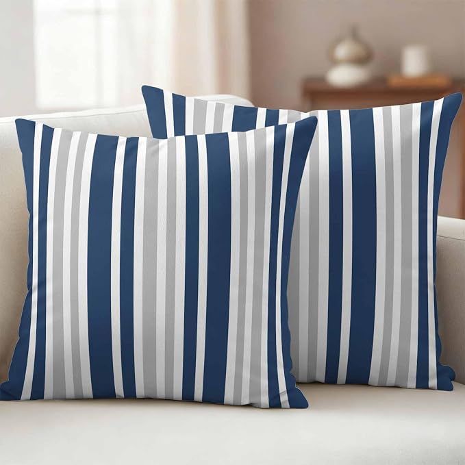 Navy Blue Grey Stripe Outdoor Pillow Covers 18x18 Inch Throw Pillow Covers Set of 2 Waterproof Decorative Pillow Cases Farmhouse Minimalist Striped Cushion Covers for Patio Furniture Garden Couch Sofa