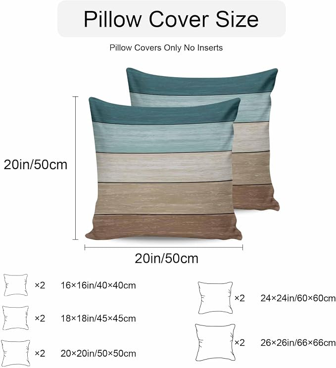 Vandarllin Outdoor Throw Pillow Covers 24X24 Set of 2 Waterproof Teal Blue Brown Decorative Zippered Cushion Covers for Patio Furniture, Farmhouse Retro Rustic Barn Wood Texture Lumbar Pillowcases