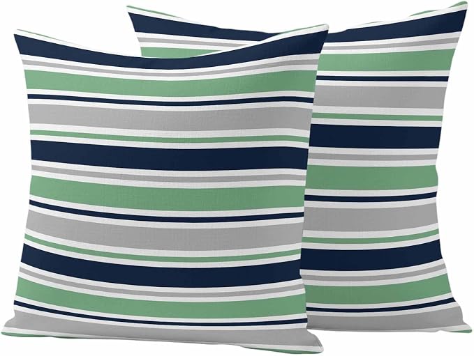 Outdoor Pillow Covers 18 x 18 Inches, Green Grey Striped Waterproof Throw Pillow Cover Set of 2, Farmhouse Stripes Modern Abstract Art Decorative Square Cushion Covers for Patio/Couch/Garden