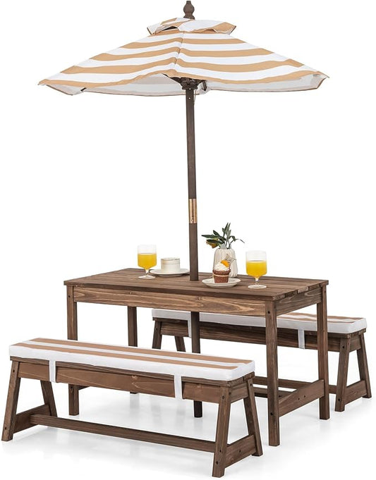 HONEY JOY Kids Picnic Table, Outdoor Wooden Table & Bench Set w/Removable Cushions and Umbrella, Stripe Fabric, Children Backyard Furniture for Patio Garden, Gift for Toddler Boys Girls Age 3+(Coffee)