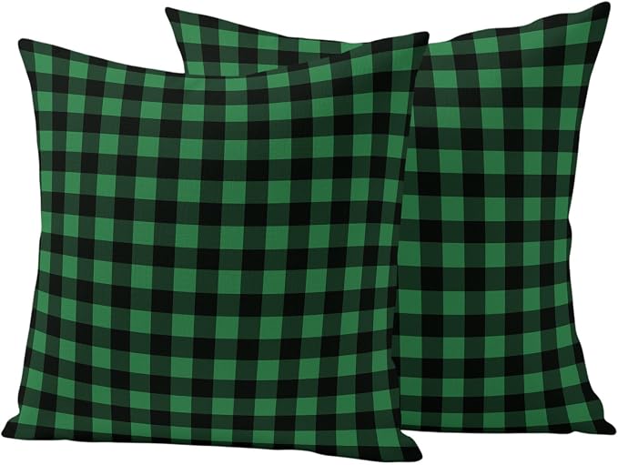 Forest Green Checks Outdoor Pillow Covers 16"x16" Set of 2, Black Gingham Plaid Abstract Modern Waterproof Throw Pillow Covers for Patio Furniture, Decorative Cushion Covers for Porch