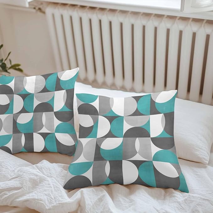 Vandarllin Outdoor Throw Pillows Covers 20x20 inch Set of 2 Waterproof Mid Century Geometric Decorative Zippered Cushion Covers for Patio Furniture, Abstract Modern Teal Lumbar Pillowcases