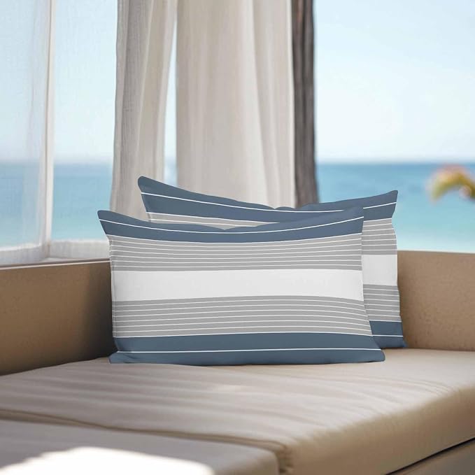 Haze Blue Grey Stripe Outdoor Pillow Covers Waterproof, All Weather Cushion Case Set of 2, Modern Art Horizontal Striped Lumbar Pillowcase for Sofa Couch Bed Decor Patio Furniture 20"x12"