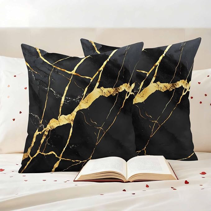 Outdoor Waterproof Pillow Covers 16x16Inch Marble Texture Throw Pillowcases for Patio Garden Couch Sofa Gold Line Black Decorative Cushin Case,Pack of 2