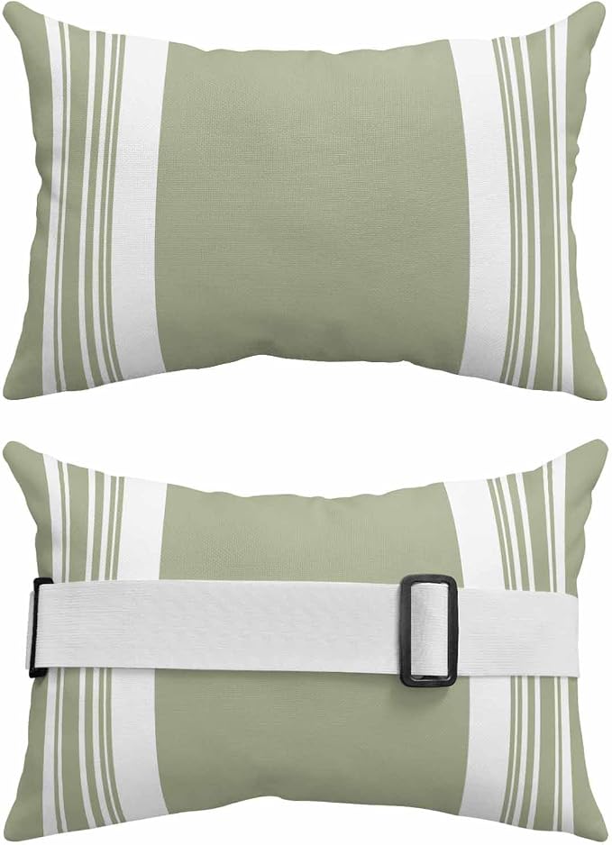 Outdoor Lumbar Pillow Set of 1, Farmhouse Sage Green Waterproof Beach Headrest Pillow with Inserts, Aesthetic Modern Line Striped Recliner Throw Pillows for Patio Furniture, 11 x 16