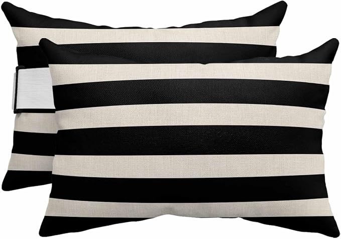 Modern Stripes Lines Outdoor Head Pillows for Recliner Lounge Chair,Pack of 2 Waterproof Throw Pillow Cushion Cases with Insert&Elastic Strap,Vintage Black and White Neck Pillow for Patio Beach