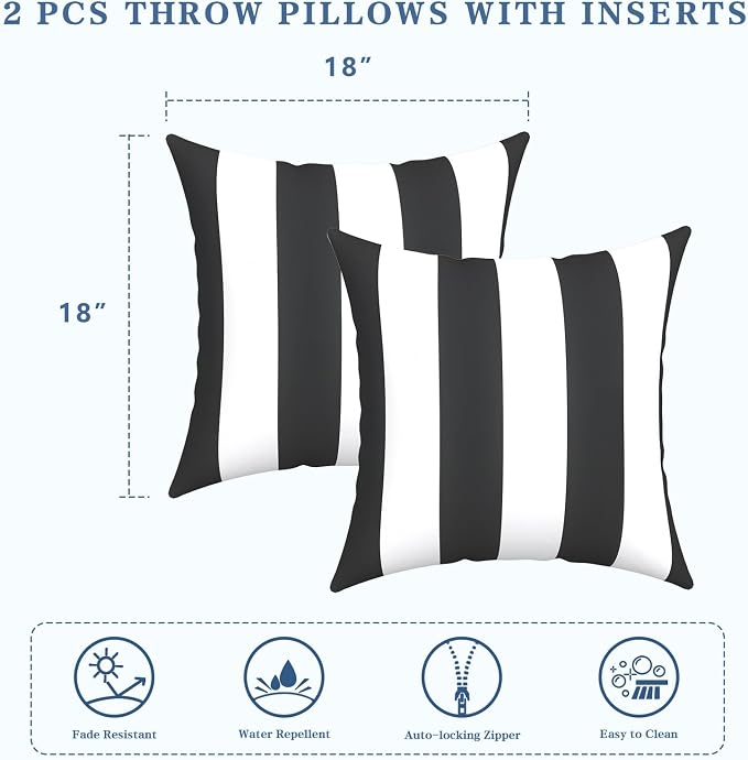 LVTXIII Outdoor/Indoor Throw Pillows, Decorative Throw Pillows with Inserts, 18”x18” Square Pillows for Bed, Couch, Sofa and Patio Furniture (Set of 2, Cabana Black)