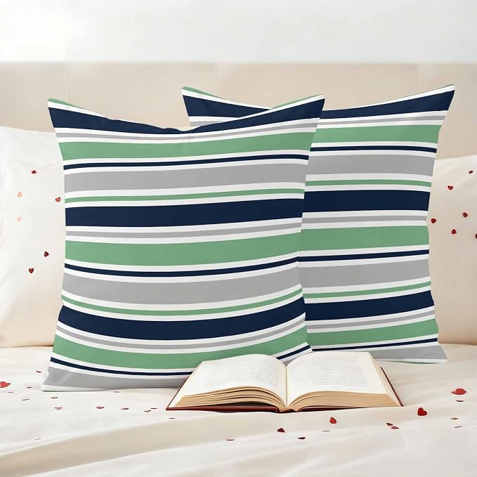 Outdoor Pillow Covers 18 x 18 Inches, Green Grey Striped Waterproof Throw Pillow Cover Set of 2, Farmhouse Stripes Modern Abstract Art Decorative Square Cushion Covers for Patio/Couch/Garden