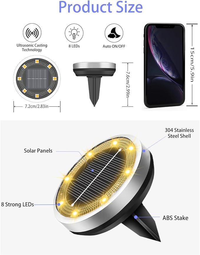 Solar Lights Outdoor Waterproof, 18 Pack 8 LED, Thickened Stainless Steel Ground Light, Solar Garden Lights Landscape Lighting for Patio Pathway Lawn Yard Deck Driveway Walkway, Warm White