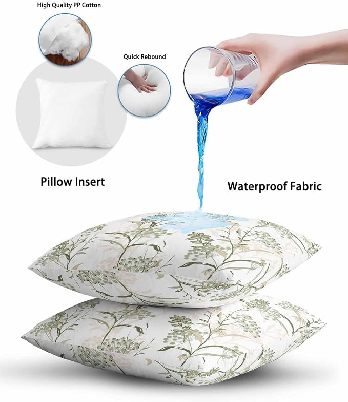 Outdoor Waterproof Throw Pillows Pastoral Sage Green Herbs Plant Patio Pillows Pack of 2,Decorative Pillow Covers with Insert,Pillow Cushion Case for Garden Couch Sofa Botanical Leaf on White