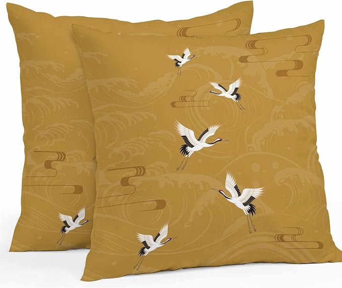 Japanese Style Outdoor Pillow Covers 16x16 Inch Throw Pillow Covers Set of 2 Waterproof Decorative Pillow Cases Vintage Art Cranes Ocean Wave Yellow Cushion Covers for Patio Furniture Garden Couch