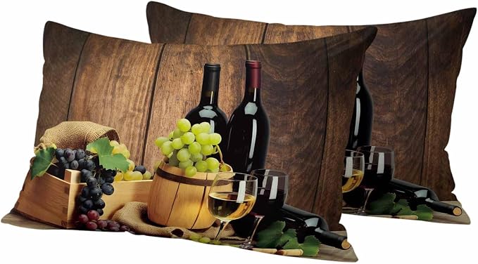 Lumbar Pillow Covers 12 x 20 Inches, Red Wines Waterproof Throw Pillow Cover Set of 2, Champagne Grapes Galsses Country Wooden Plank Decorative Rectangle Cushion Covers for Patio/Couch/Garden