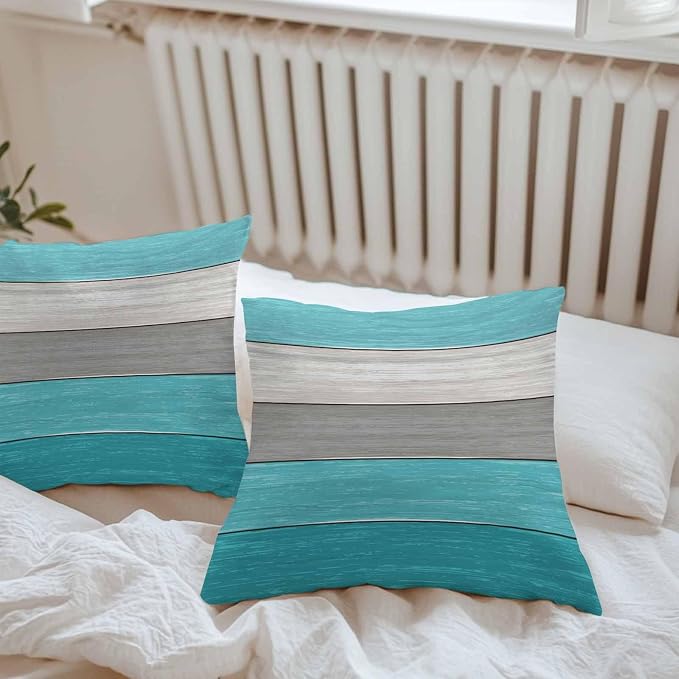 Outdoor Throw Pillow Covers 26X26 Set of 2 Waterproof Ombre Aqua Blue Gray Decorative Zippered Cushion Covers for Patio Furniture, Farmhouse Retro Rustic Barn Wood Texture Lumbar Pillowcases