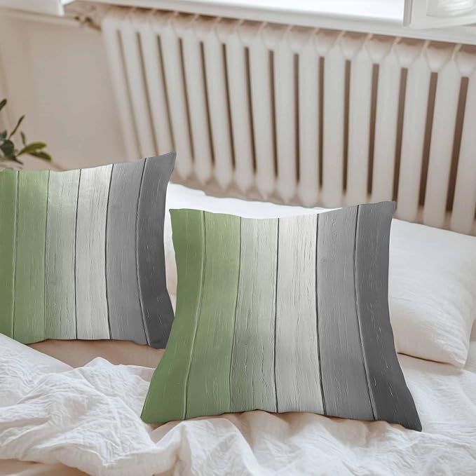 Throw Pillow Covers 24x24 Inch Set of 2, Sage Green Gray Ombre Waterproof Outdoor Cushion Covers, Vintage Country Wooden Decorative Pillowcases for Couch, Sofa, Bed, Garden, Patio