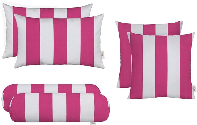 RSH DECOR 6-Pack Pillow Set | All-Weather Spun Fabric | Water & Fade-Resistant | Outdoor Throw Pillows | 20" x 12" Lumbar, 17" Square, & 20" x 6" Neck Roll | Made in USA (Pink & White Stripe)
