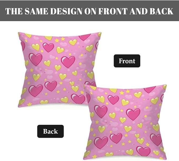 22x22 Inch Outdoor Pillow Covers Set of 2 Waterproof Throw Pillow Covers Decorative Couch Cushion Covers Pink Hearts Yellow Star Square Pillowcases Protectors for Patio Garden Sofa