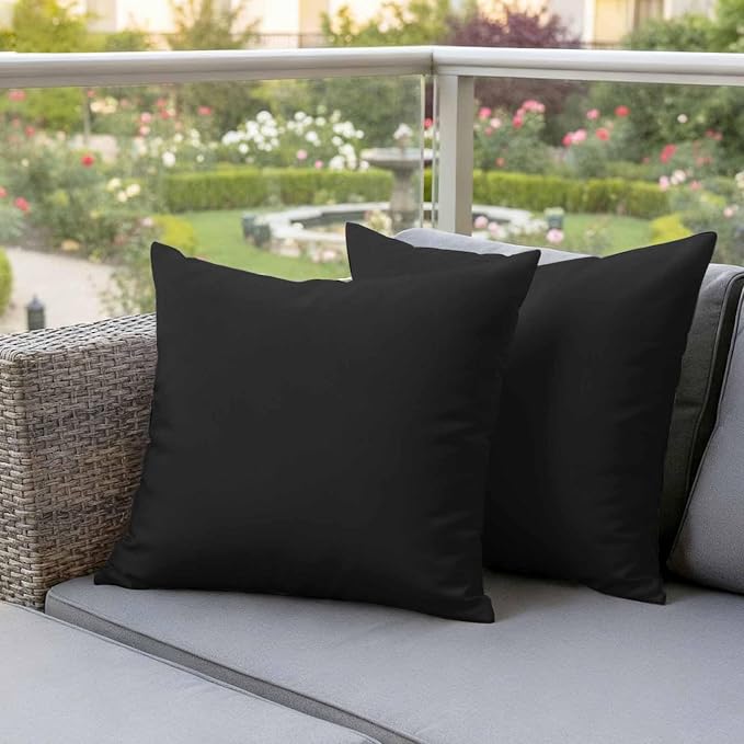 Outdoor Pillow Covers 18 x 18 Inches, Black Pure Color Waterproof Throw Pillow Cover Set of 2, Aesthetics Contemporary Luxury Decorative Square Cushion Covers for Patio/Couch/Garden