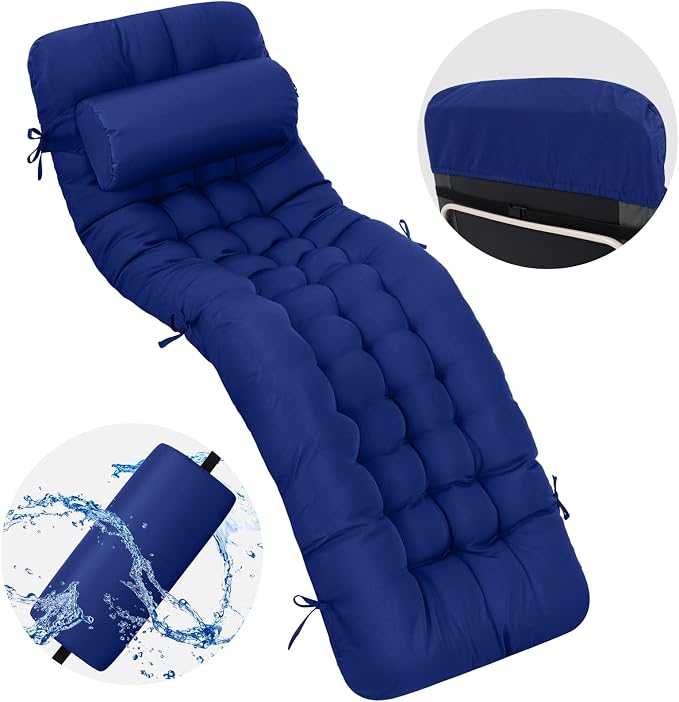 Tudomro Outdoor Chaise Lounge Cushion 66x21x4'' Waterproof & Fade-Resistant Patio Pool Chaise Lounge Cushion Headrest Pillow Tie Replacement Rocking High Back Chair(Navy Blue,1 Pcs)