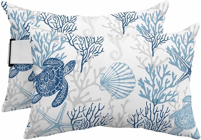 Lumbar Pillow Covers Set of 2, Navy Blue Grey Coastal Waterproof Outdoor Chaise Lounge Pillow Covers with Elastic Strap, Sea Turtle Nautical Coral Summer Beach Headrest Pillowcase for Patio, 12 x 20