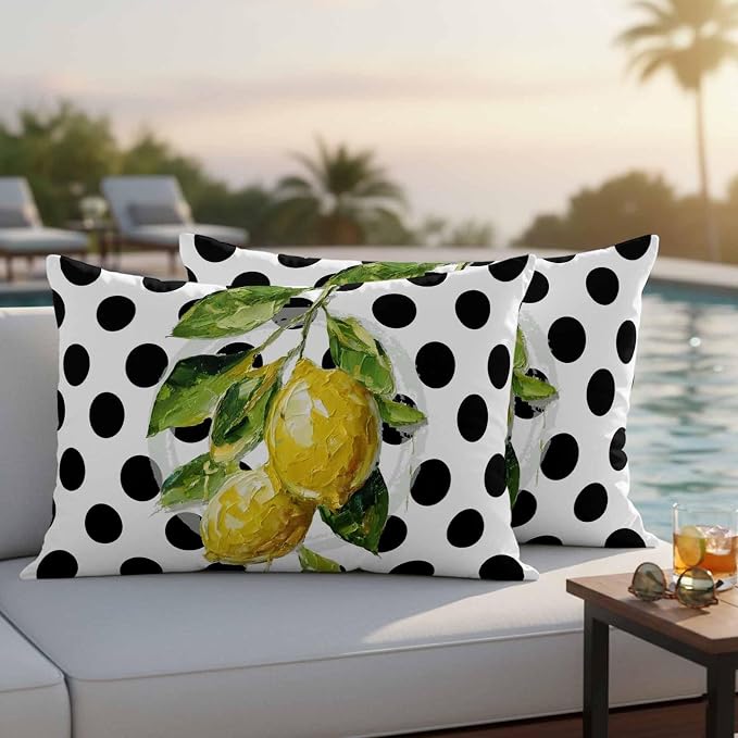 Waterproof Pillow Covers Set of 2,Summer Lemon Polka Dot Outdoor Pillow Protectors with Zipper Pillowcases for Patio Tent Garden Beach 20x12 Inches Country Fruit Oil Painting Style
