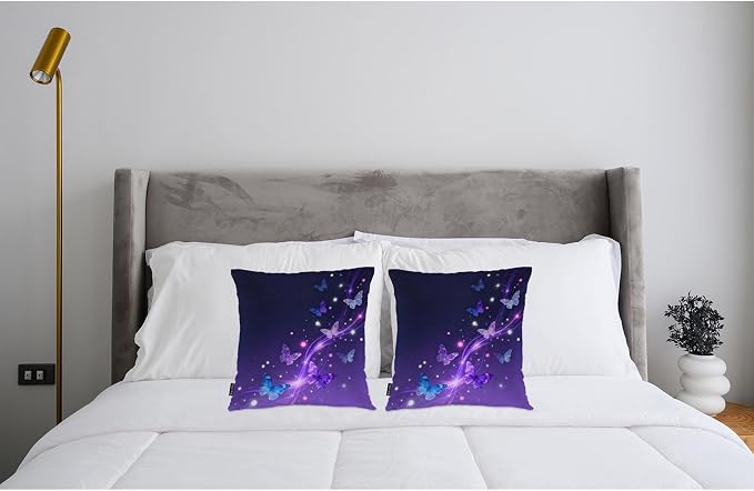 Swono Butterfly Throw Pillow Case, Glowing Butterflies Stars Square Home Decorative Cushion Cover for 18 X 18 Inches Pillow Covers, Purple 2 Pack Pillowcases for Bedroom Office Dorm Couch