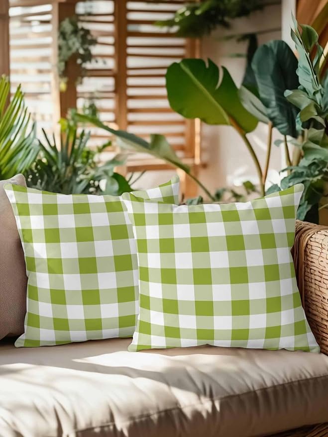 Waterproof Outdoor Pillow Set of 2 Avocado Green Buffalo Plaid Decorative Throw Pillows Cover & Insert 16x16 Inch Pillowcase Check Lines Pillows for Couch Sofa Bed Patio Furniture Indoor Outdoor