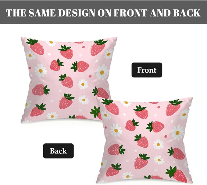 22x22 Inch Outdoor Pillow Covers Set of 2 Waterproof Throw Pillow Covers Decorative Couch Cushion Covers Pink Strawberries Daisy Square Pillowcases Protectors for Patio Garden Sofa