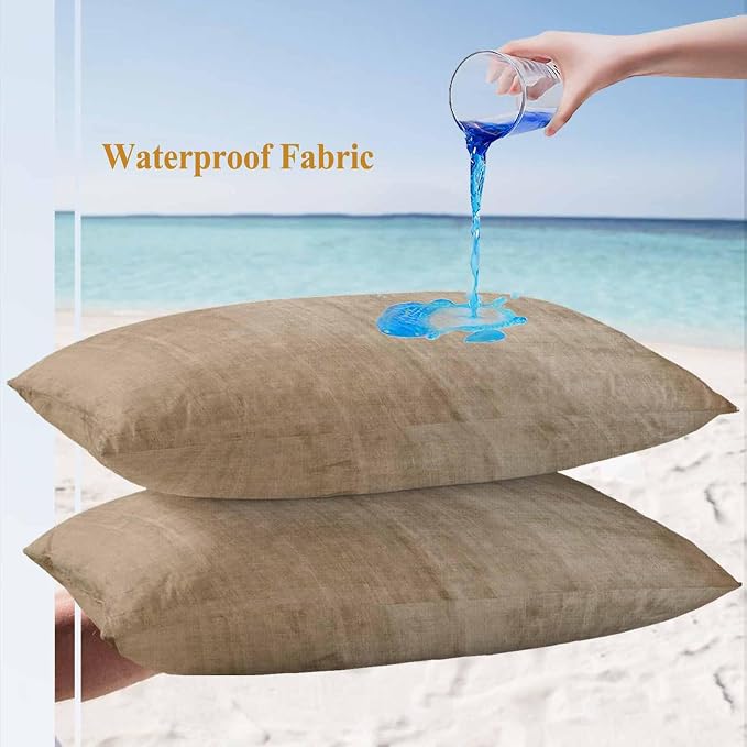 Vandarllin Outdoor Throw Pillows Covers 20x12 inch Set of 2 Waterproof Beige Linen Decorative Zippered Cushion Covers for Patio Furniture, Solid Color Texture Lumbar Pillowcases