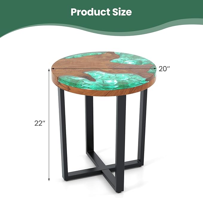Giantex 20” Teak Wood Outdoor Side Table - Round End Table with Epoxy Resin Tabletop, Solid Live Edge, Mahogany Base, Rustic Sofa and Couch Table for Patio, Porch, Poolside, Living Room, Yard, Brown