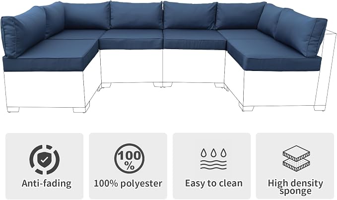 Valita Outdoor Furniture Replacement Cushions, Fits 6-seat Sectional Rattan Conversation Set, 14 Piece Patio Water-Resistant Replacement Sofa Cushions, Liner&Cover (Navy Blue)