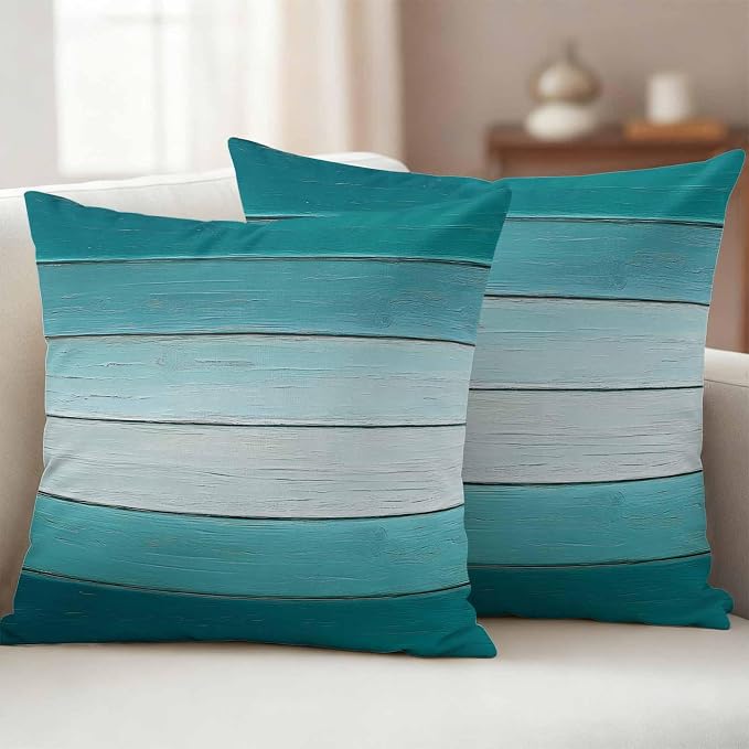 Teal Turquoise Outdoor Pillow Covers 26x26 Inch Throw Pillow Covers Set of 2 Waterproof Decorative Pillow Cases Farmhouse Abstract Gradient Wooden Plank Cushion Covers for Patio Furniture Garden Couch