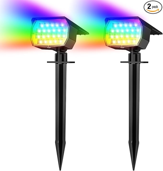 WENATY Solar Spot Lights Outdoor, IP65 Solar Lights Outdoor 2 Pack,RGB | 7 Lighting Modes, Color Changing Solar Landscape Spotlight for Halloween & Christmas Decorations, Yard, Garden, House, Path