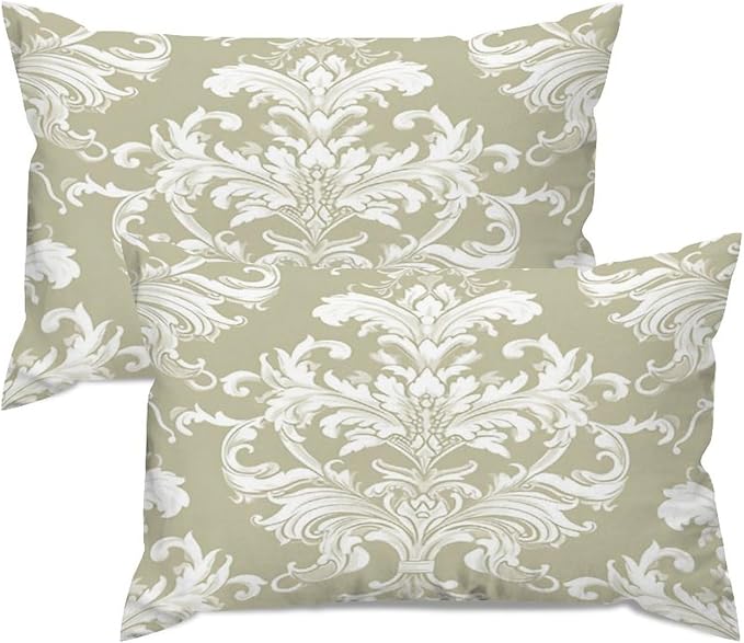 Set of 2 Tan Off Green White Damask Pattern Print Pillow Cases 12x18in Cushion Covers Farmhouse Pillows Covers for Couch Living Room Office Soft Rectangle Accent Pillowcase for Kids