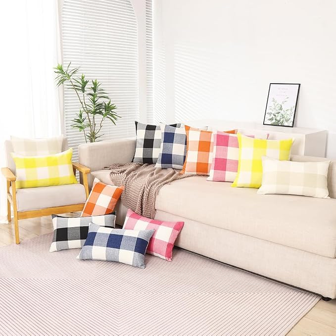 Orange Fall Outdoor Plaid Large Pillow Covers 22x22, Fall Decor for Bedroom | Set of 2, Fall Couch Checkered Plaid Pillow Covers 22 x 22, Fall Pillows Decorative Throw Pillows, Fall Decor for Living Room