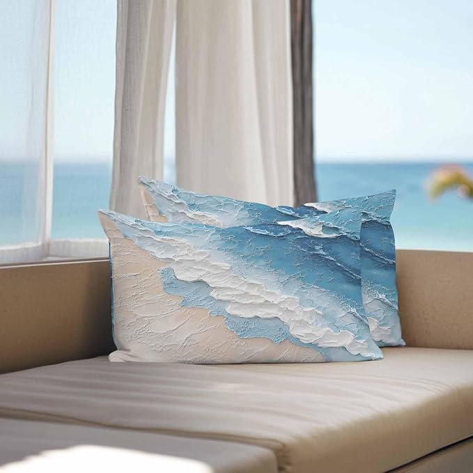 Summer Beach Theme Outdoor Pillow Covers 20x12in Pack of 2 Waterproof Pillowcase Watercolor Blue Ocean Wave Decorative Throw Cushion Case for Patio Couch Sofa