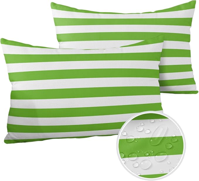 Lumbar Throw Pillow Covers 12x20 Outdoor Waterproof Pillow Covers for Patio Furniture Green White Stripes Decorative Throw Pillow Cover Striped Pillowcases Set of 2 Cushion Case for Sofa Couch Chair