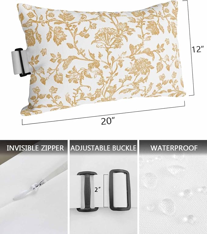Pack of 2 Outdoor Lumbar Pillow Covers 12x20 Inch, Orange Flower Waterproof Throw Pillow Covers Set, Vintage Farmhouse Boho Leaf Spring Plant Indoor&Outdoor Cushion Cases for Patio Porch Beach