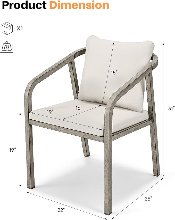 Outdoor Dining Chairs Set of 4, Never-Rust Aluminum Patio Dining Chairs with Removable Cushion, Ergonomic Patio Chairs with Wraparound Seating Design for Deck, Poolside, Commercial, Gray Oak