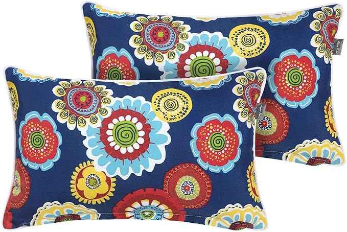 Magpie Fabrics Pack of 2 Outdoor Lumbar Pillow Case Covers 12"x20", Waterproof Rectangular Throw Pillowcase Shell Decorative Sham for Patio Garden Couch - Floral Navy