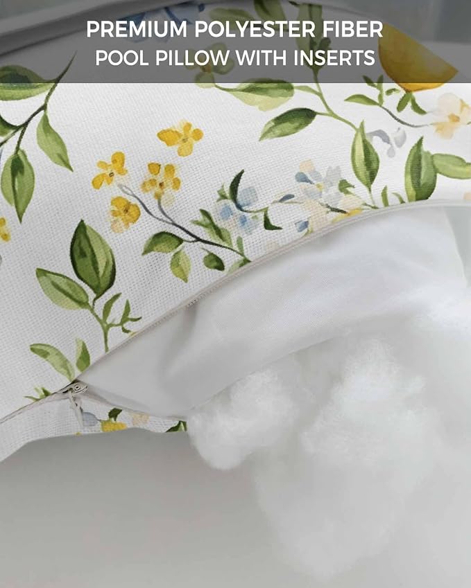 Chaise Lounge Head Pillows,Country Yellow Lemon Green Leaf Outdoor Waterproof Patio Throw Pillows Farmhouse Fruit Flower Plant Lumbar Pillow for Patio Beach Pool
