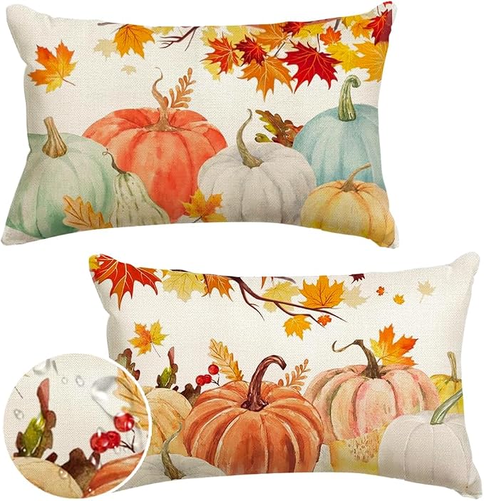 RABUSOFA Fall Pillow Covers 12x20 Inch Set of 2 Thanksgiving Autumn Orange White Teal Pumpkin Maple Leaf Lumbar Harvest Outdoor Waterproof Throw Cushion Cases Fall Decorations for Home Couch Patio